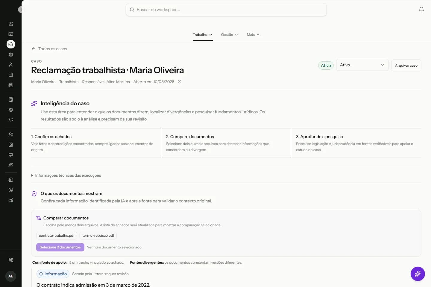 Tela de inteligência do caso da Littera, com análise de informações e indicação de revisão humana. Dados fictícios.